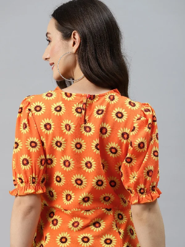 plusS Orange Floral Print A-Line Midi Dress