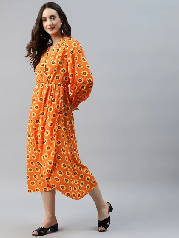 plusS Orange Floral Print Midi Dress