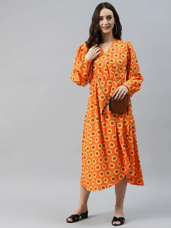 plusS Orange Floral Print Midi Dress