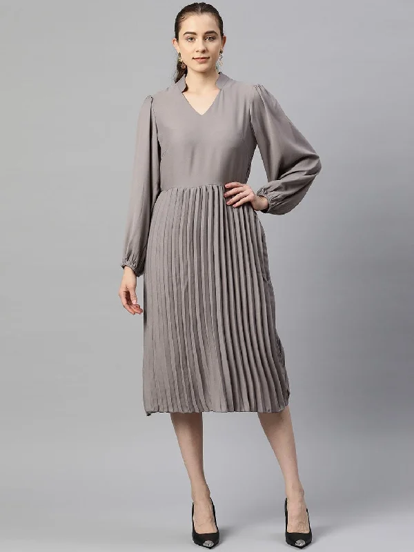 plusS Puff Sleeves Accordian Pleated A-Line Midi Dress