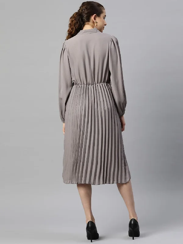 plusS Puff Sleeves Accordian Pleated A-Line Midi Dress