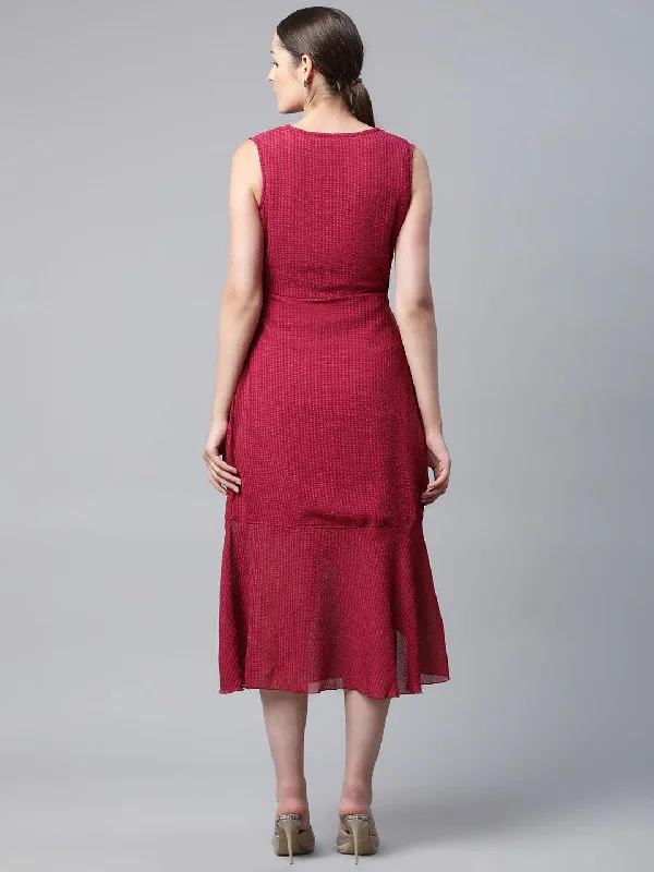 plusS Red Self Design Midi Wrap Dress