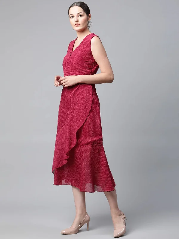 plusS Red Self Design Midi Wrap Dress