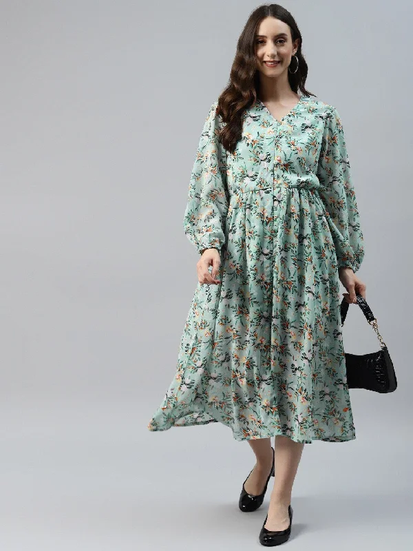 plusS Sea Green Floral Print A-Line Midi Dress