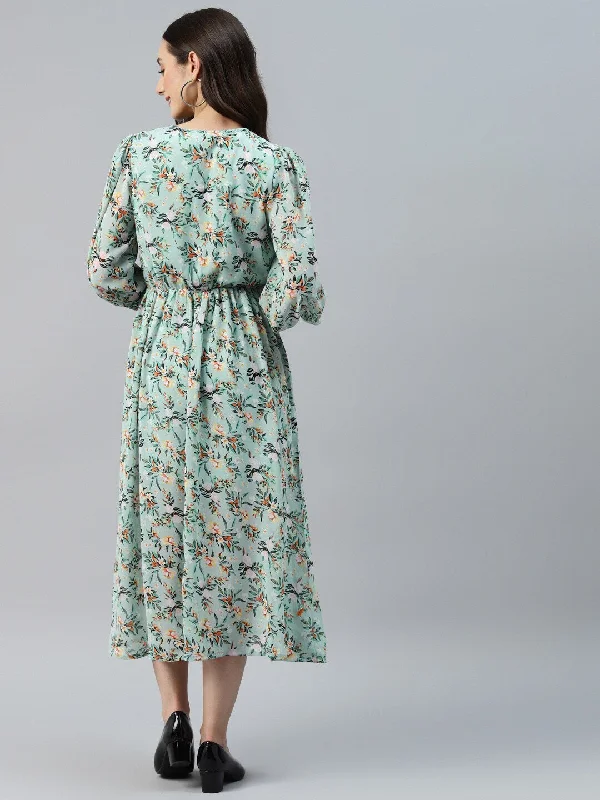 plusS Sea Green Floral Print A-Line Midi Dress