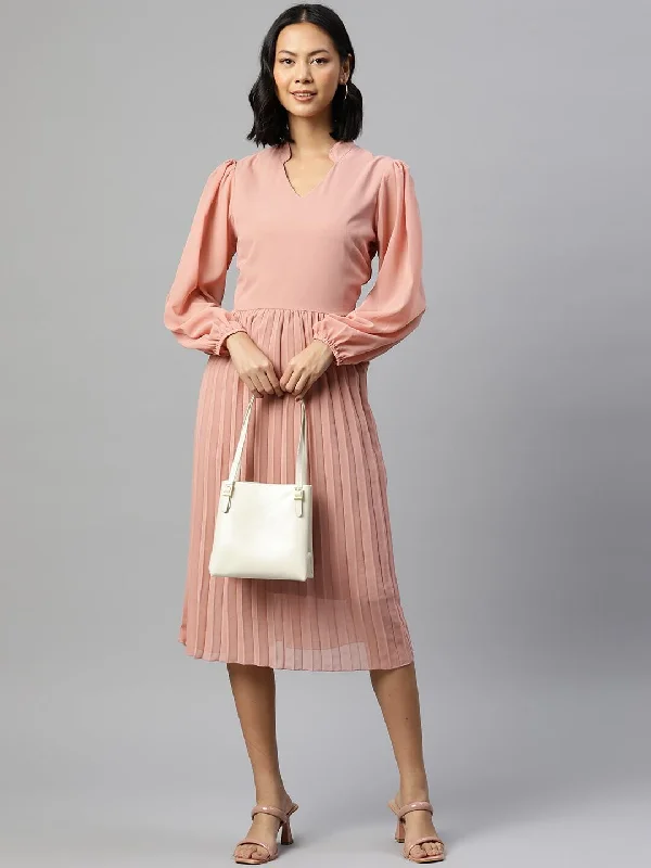 plusS Solid Puff Sleeve A-Line Midi Dress