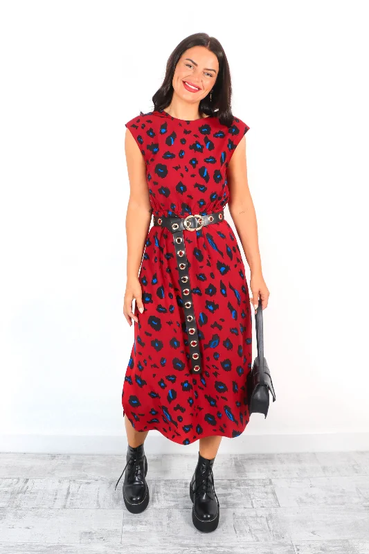 Spot My Baby - Red Leopard Print Midi Dress