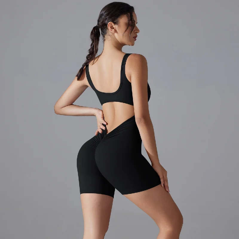 Plus size double - sided nylon nude high - elastic V - waist tight shorts one-piece yoga suit