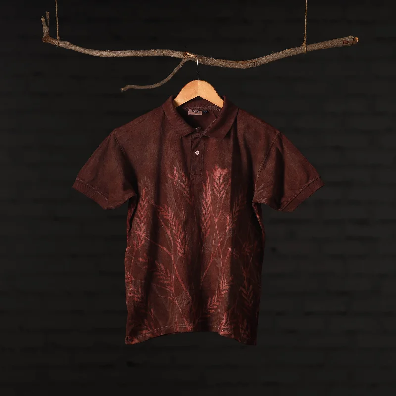 Maroon - Bindaas Natural Dyed Art Block Print Polo Collar T-shirt in Cotton