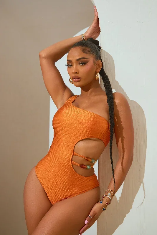 Alba One Shoulder Beaded 1 Piece Swimsuit - Orange