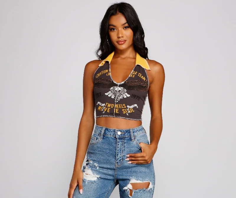 Biker Babe Graphic Halter Crop Top