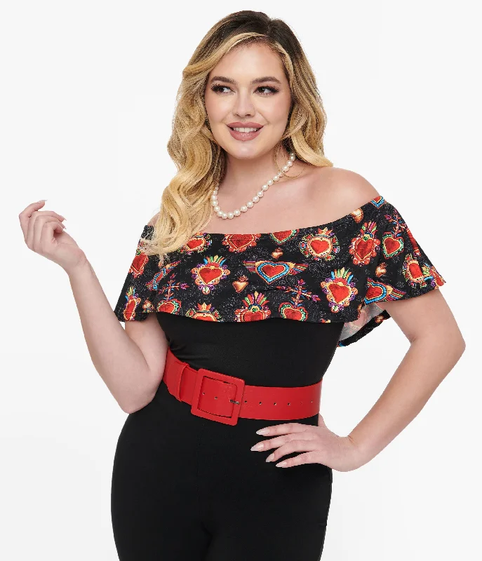 Black & Multicolor Heart Off the Shoulder Ruffle Top