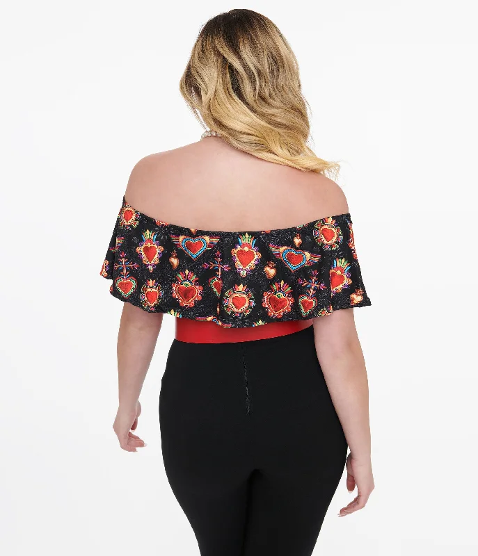 black-multicolor-heart-off-the-shoulder-ruffle-top