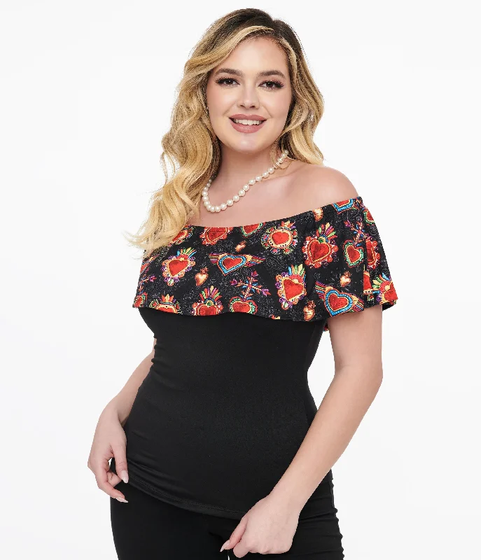 black-multicolor-heart-off-the-shoulder-ruffle-top