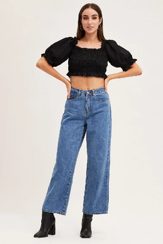 black-short-sleeve-frilled-edge-shirred-crop-top-wc1045a-47w