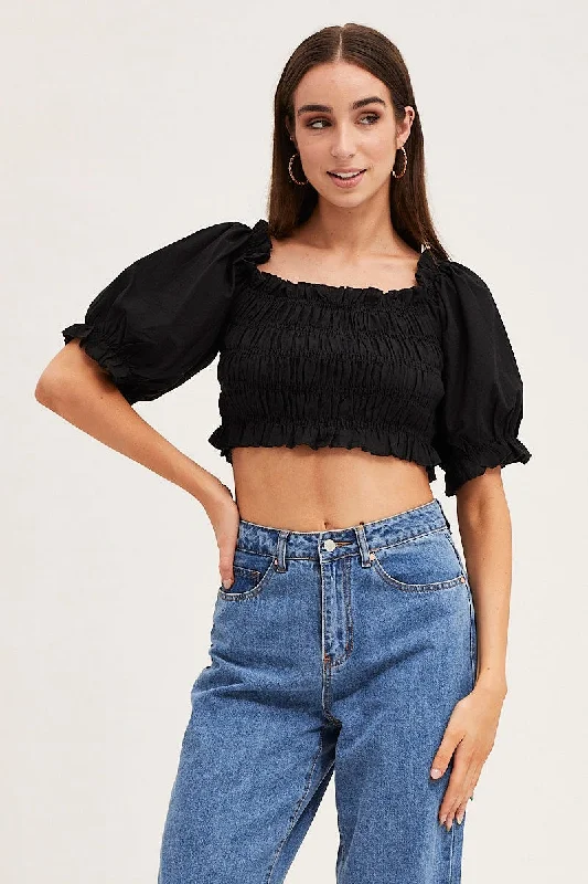 black-short-sleeve-frilled-edge-shirred-crop-top-wc1045a-47w