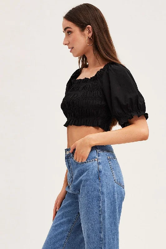 black-short-sleeve-frilled-edge-shirred-crop-top-wc1045a-47w