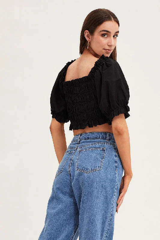 black-short-sleeve-frilled-edge-shirred-crop-top-wc1045a-47w