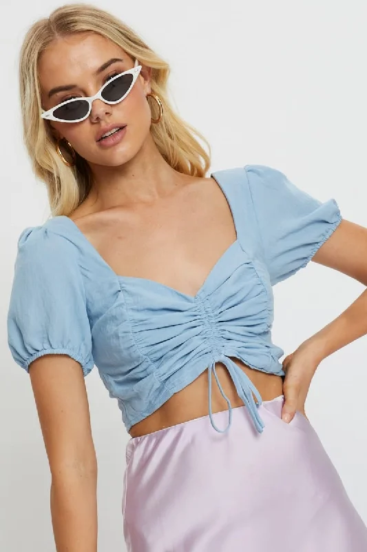 blue-short-sleeve-ruched-draw-string-crop-top-wc10908-80b