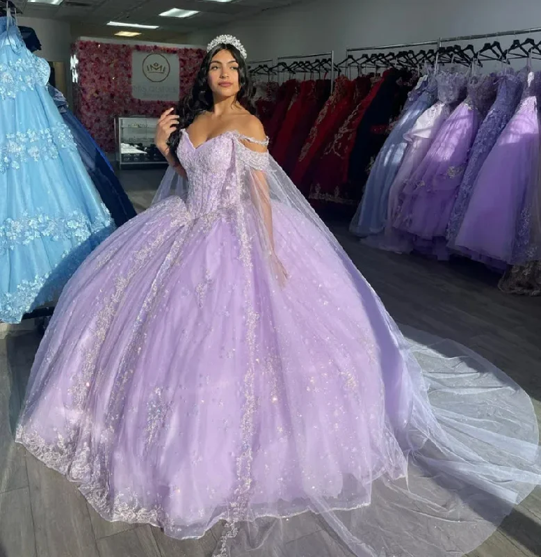 Cute Lilac Flowers Princess Quinceanera Dresses 2024 With Detached Cape Beads Crystal Sweet 16 Dress Vestido De 15 Años Prom