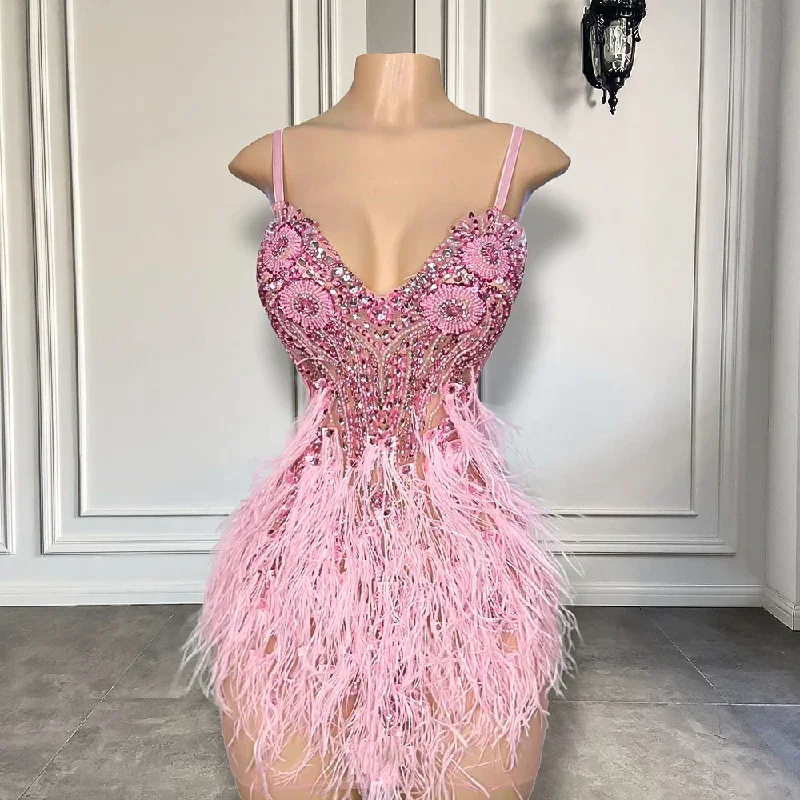 Cute Pink Diamond Crystals African Black Girls Short Prom Dresses 2024 Feather Mini Style Women Formal Birthday Party Gowns