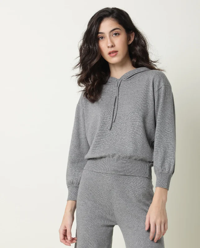 Rareism Women'S Finn Sweat Melange Grey Cotton Fabric Full Sleeves Relaxed Fit Solid Hooded Sweater