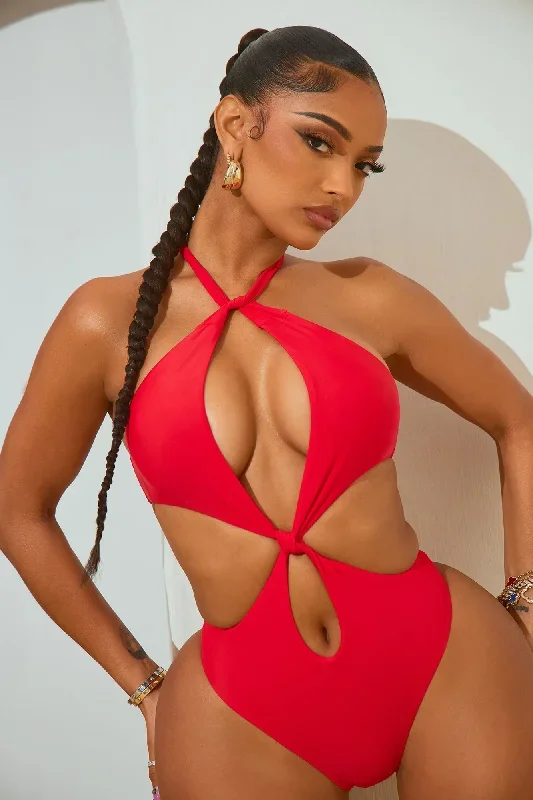 Island Waves Knotted Cutout 1 Piece Swimsuit - Red