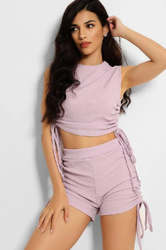 lilac-ribbed-drawstring-ties-sleeveless-top-and-shorts-set