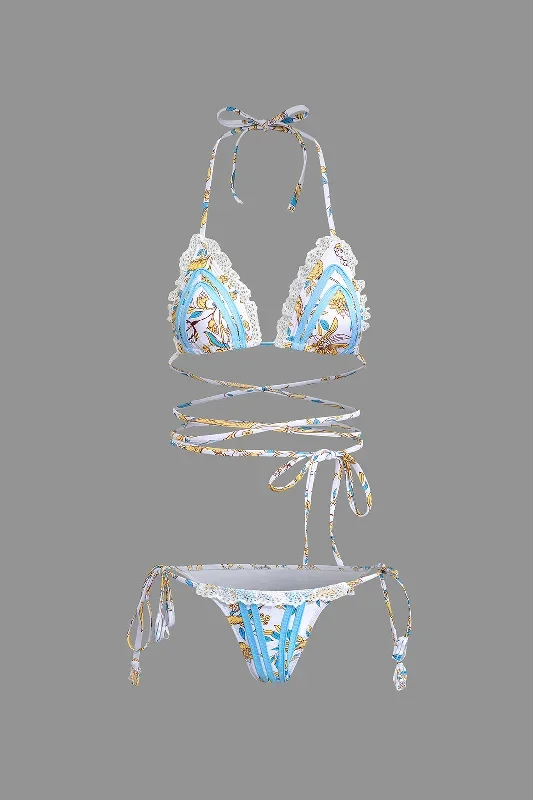 Floral Print Lace Trim Bikini Set