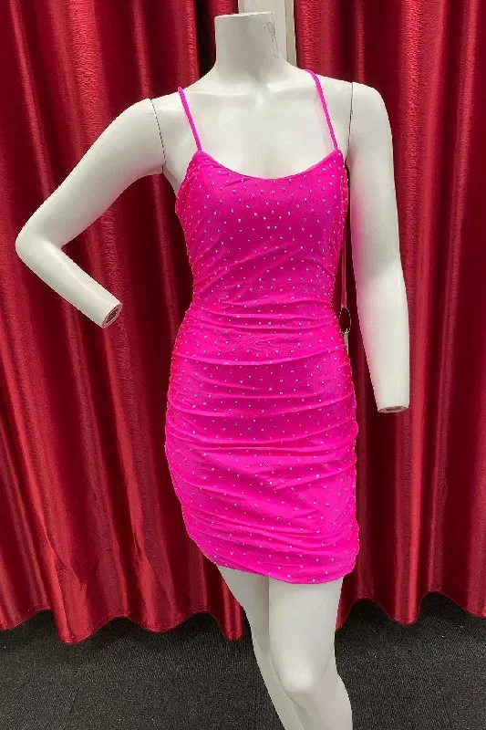 Neon Pink Beaded Lace-Up Short Party Dress