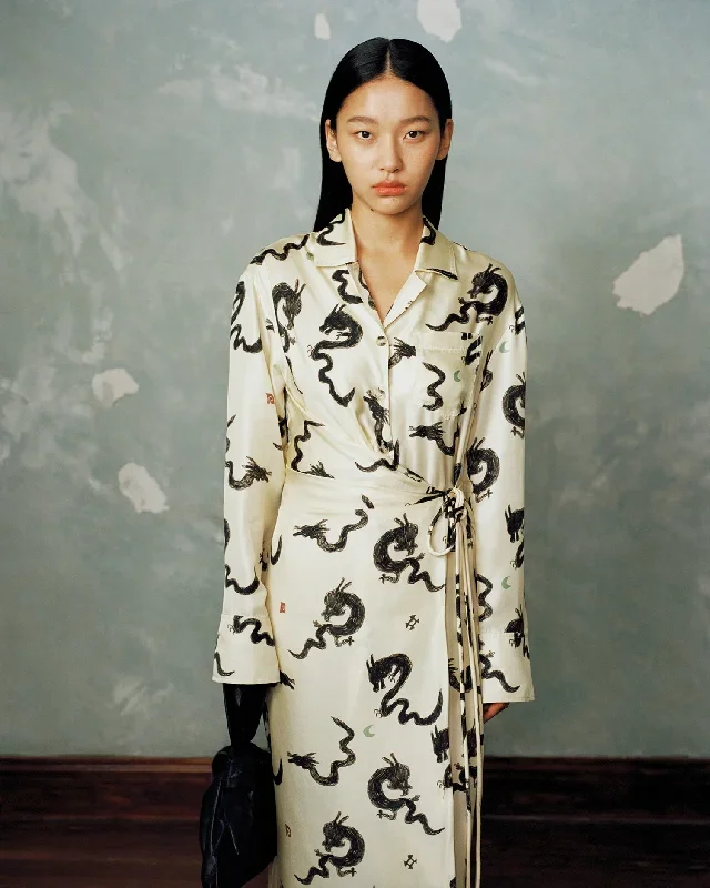 Else - Slip Satin Wrap Shirt Dress - Creme-Aquarelle Dragon Print