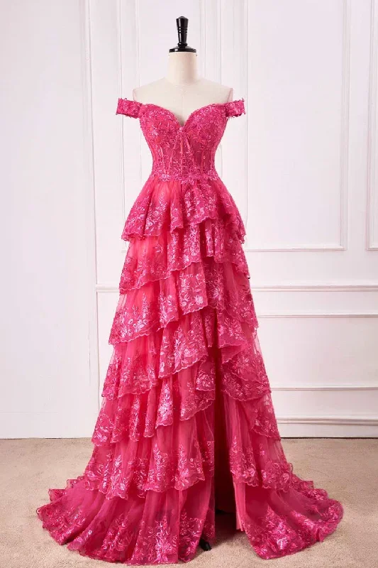 Off the Shoulder Hot Pink Sequin Tiered Prom Dress with Slit