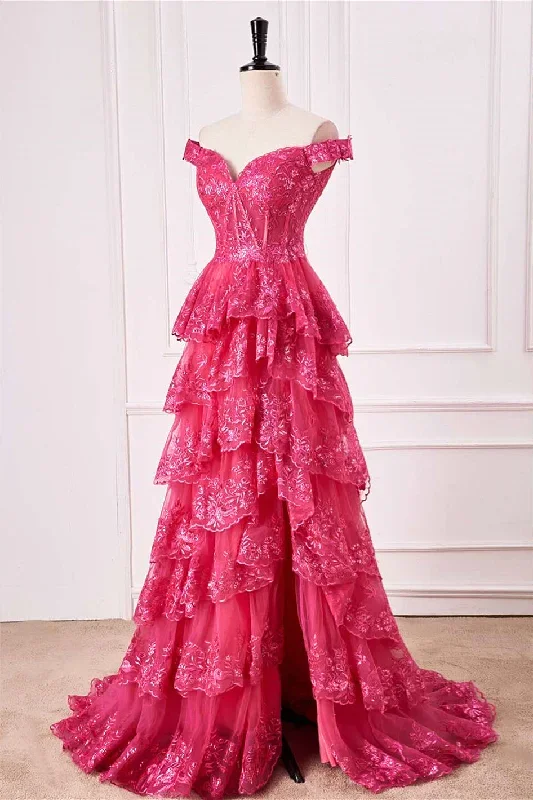 off-the-shoulder-hot-pink-sequin-tiered-prom-dress-with-slit