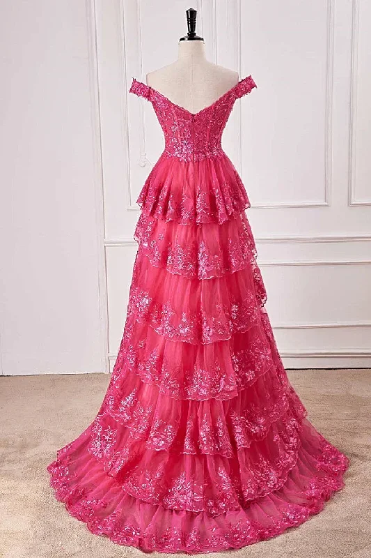 off-the-shoulder-hot-pink-sequin-tiered-prom-dress-with-slit