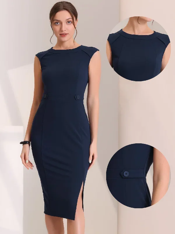 Round Neck Slim Fit Sleeveless Split Work Pencil Sheath Dress