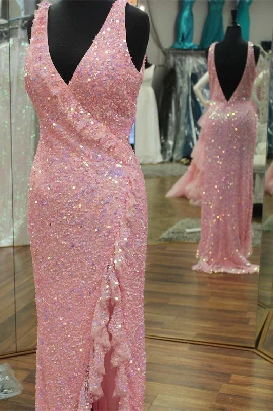 pink-iridescent-sequin-v-neck-backless-long-prom-dress-with-ruffles