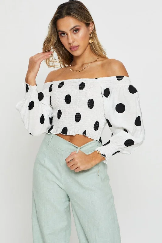 Polka Dot Crop Top Long Sleeve Off Shoulder