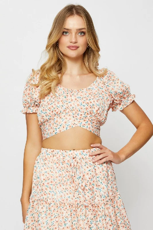 Print Crop Top Short Sleeve Off Shoulder