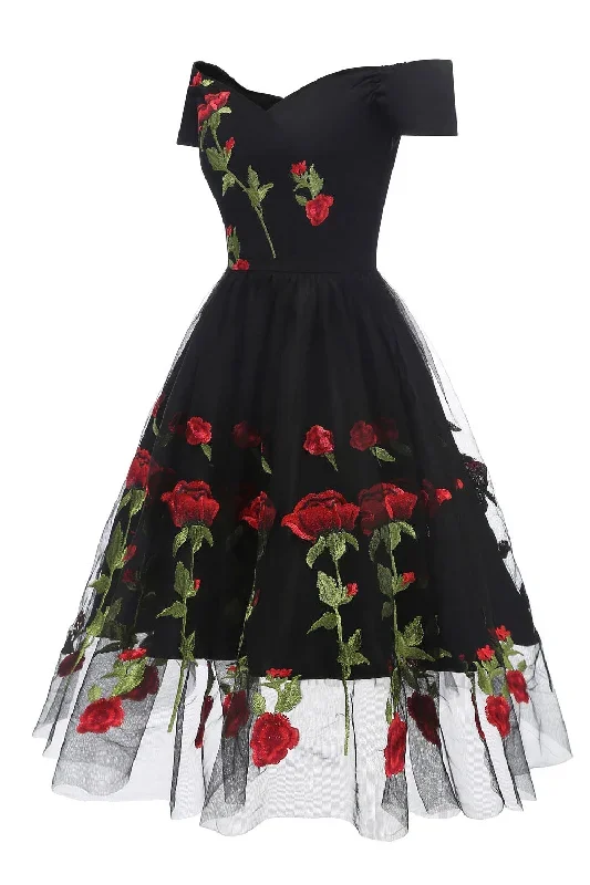 retro-off-the-shoulder-tulle-black-party-dress-with-flowers