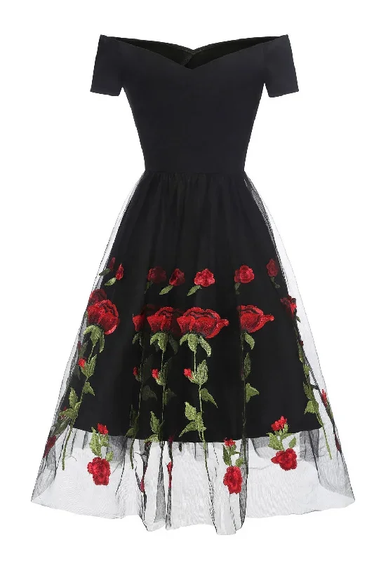 retro-off-the-shoulder-tulle-black-party-dress-with-flowers