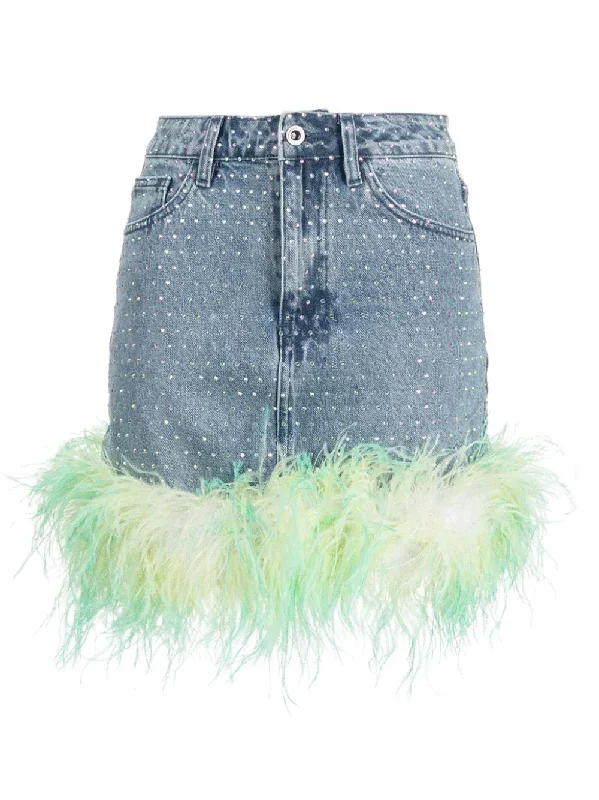 Blue Rhinestone Feather Denim Skirt