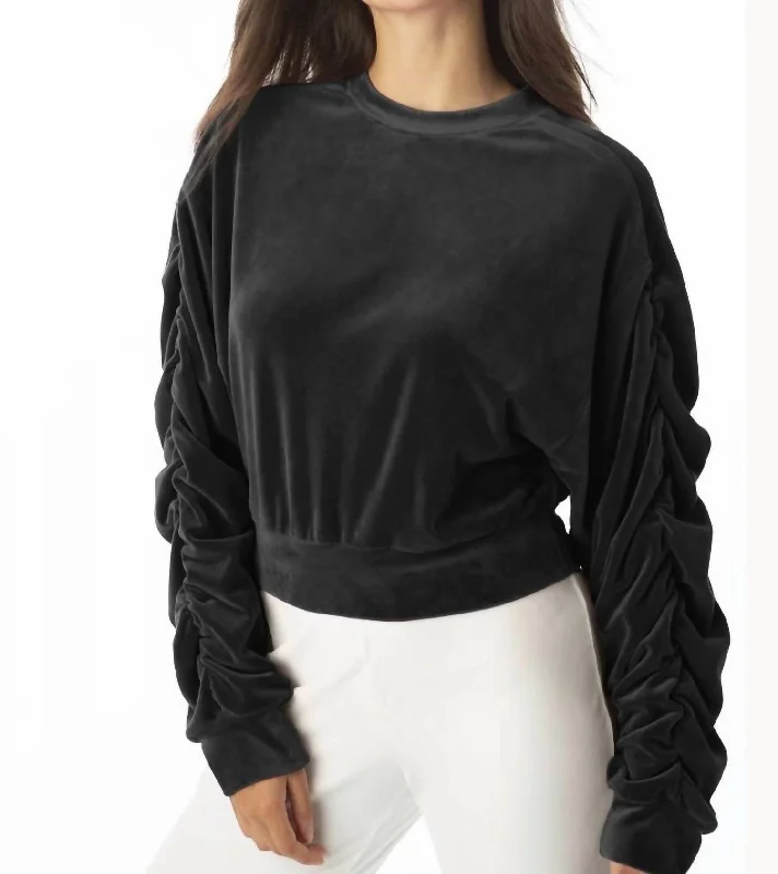 Shirred Sleeve Crop Top In Black