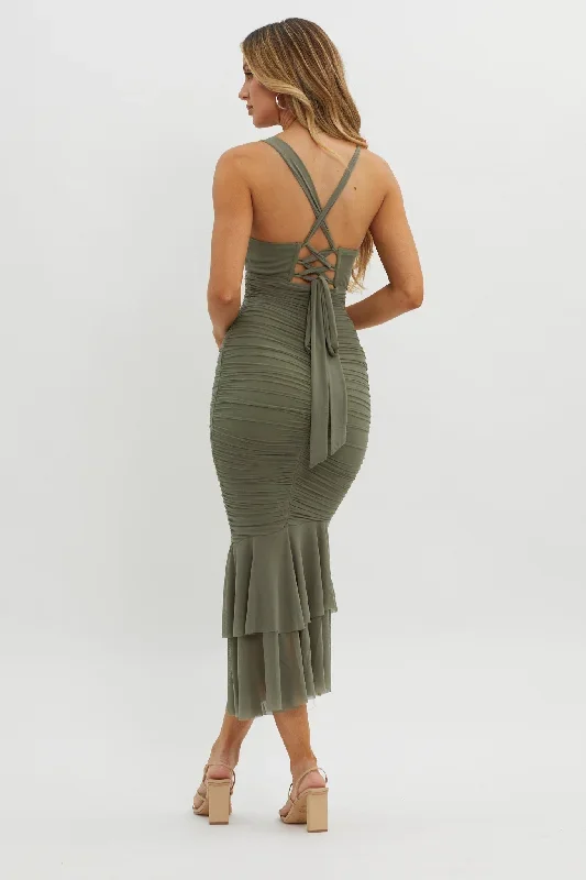 surreal-lace-up-back-ruched-midi-dress-olive