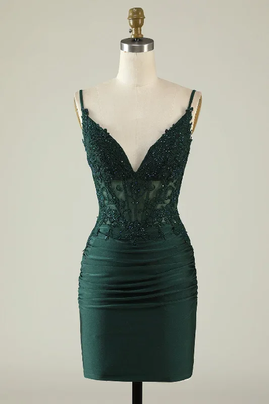 Tight V-Neck Dark Green Pleated Homecoming Dress with Appliques