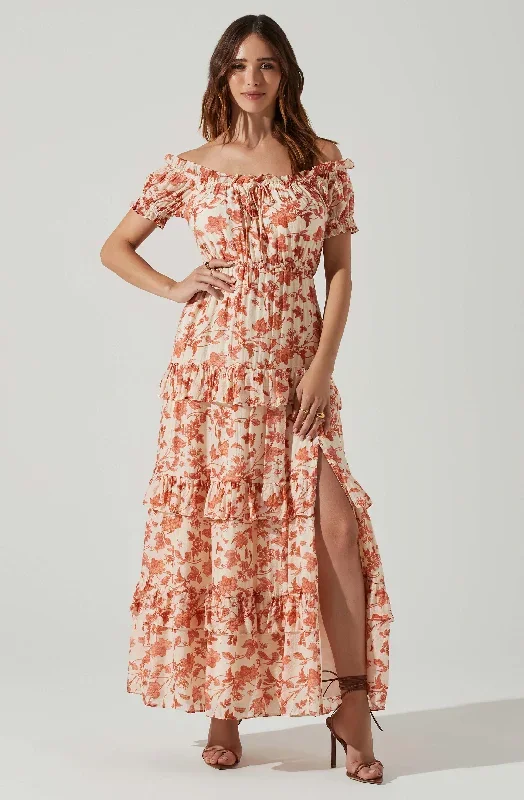 Viona Floral Off Shoulder Tiered Maxi Dress