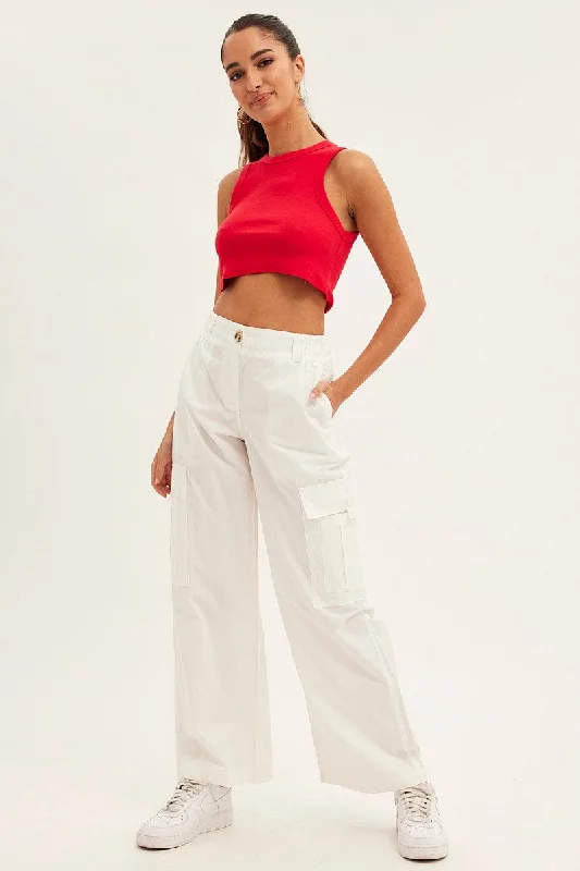 White Cargo Pants Wide Leg Mid Rise