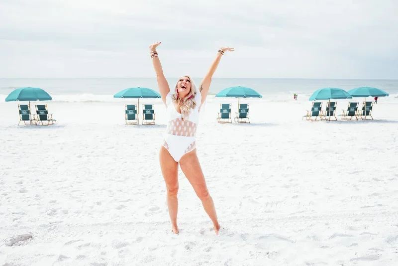 Last Chance Size Small | Sea You There Cold Shoulder One Piece Swimsuit with Dotted Mesh Middle in White