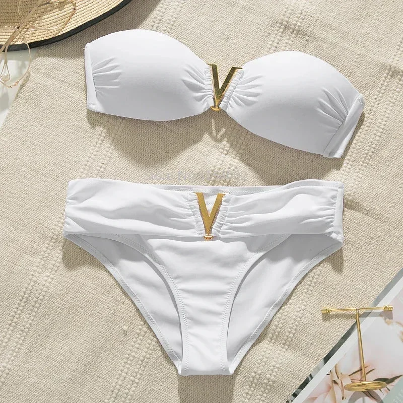 White push up woman swimsuit 2024 new Summer beach sexy bikini set solid swimming suit for women swimwear Bandeau bathing suit