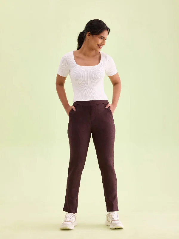 Women Solid Dark Wine Mid Rise Suede Treggings