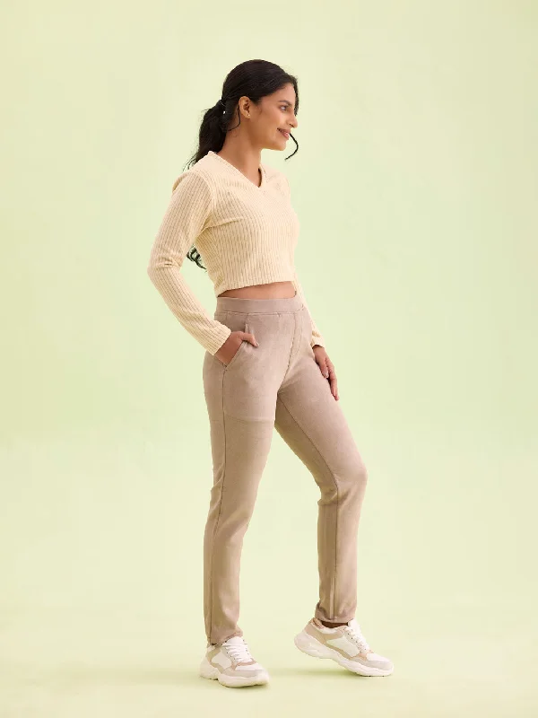 women-solid-light-brown-mid-rise-suede-treggings